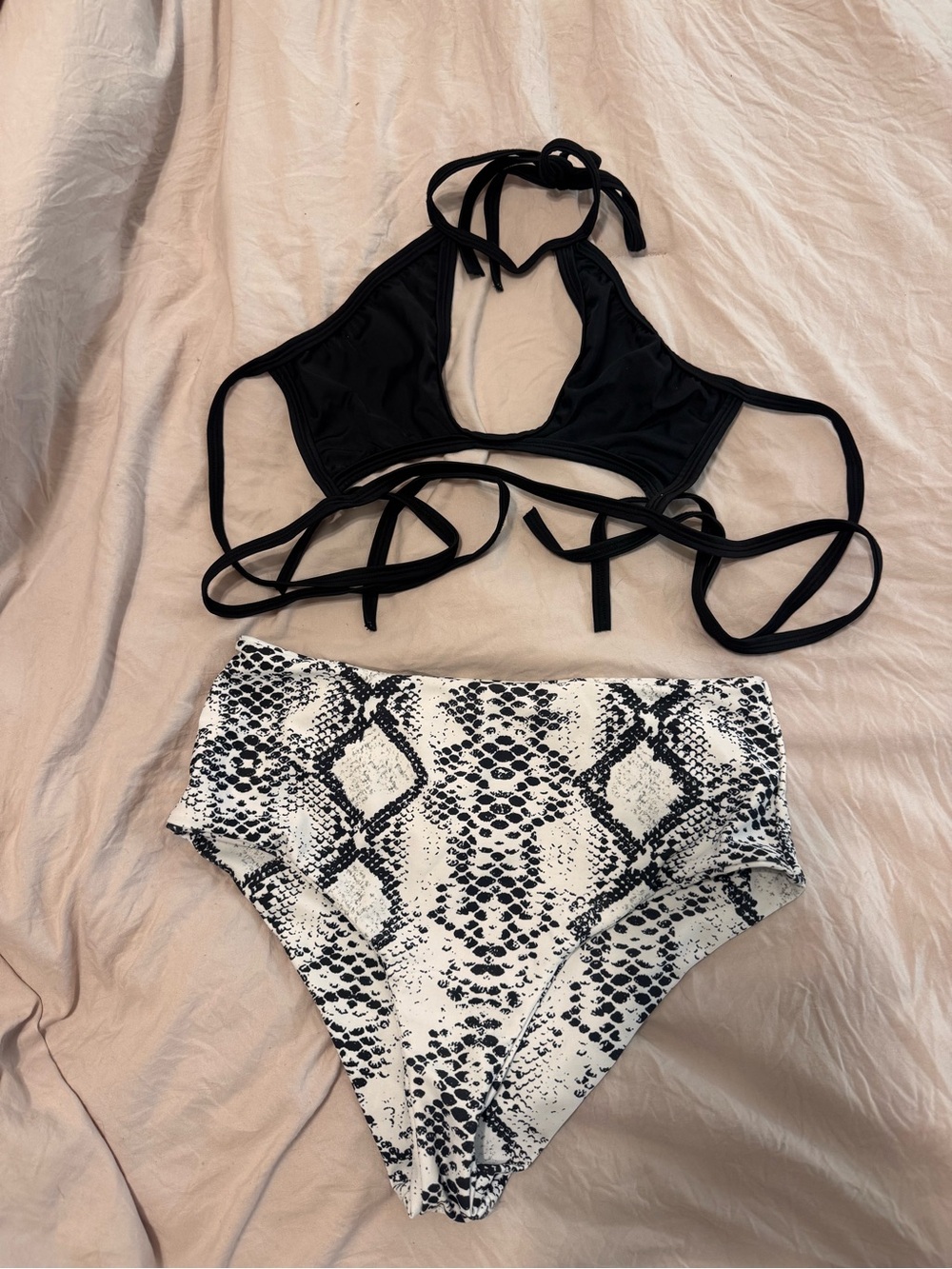 SHEIN Black Halter Top with Black & White Snakeskin High-Waist Bikini Bottoms